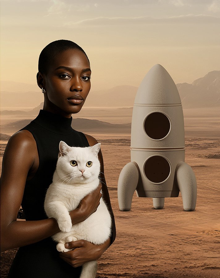 Large Rocket Cat Nest + Handmade Tech Fabric High-simulation Plush Mat - Image 3